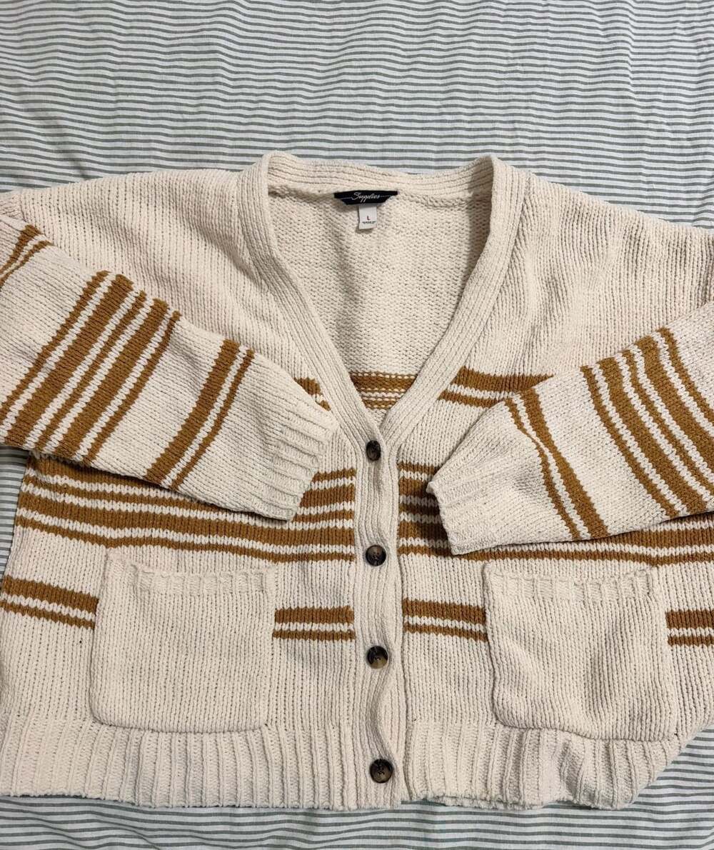 Supplies Cardigan Sweater Size L Cream Brown Striped Chenille Pockets